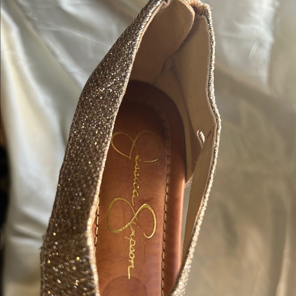 Jessica Simpson Gold Sandals with T-strap and Glittery Embellishment - Picture 4 of 9